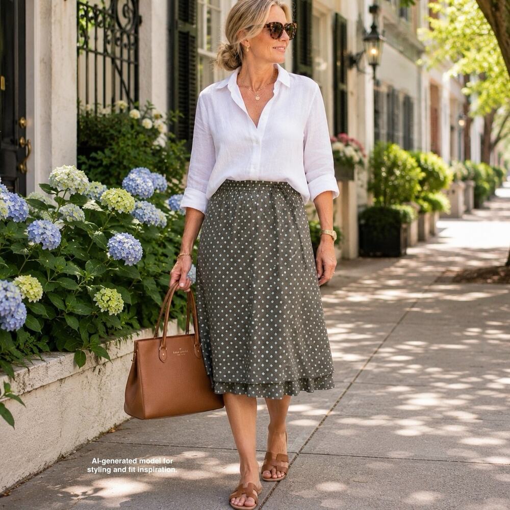 Garnet Hill Cotton Polka Dot Skirt M Quiet Luxury Coastal Grandmother Ruffle Hem